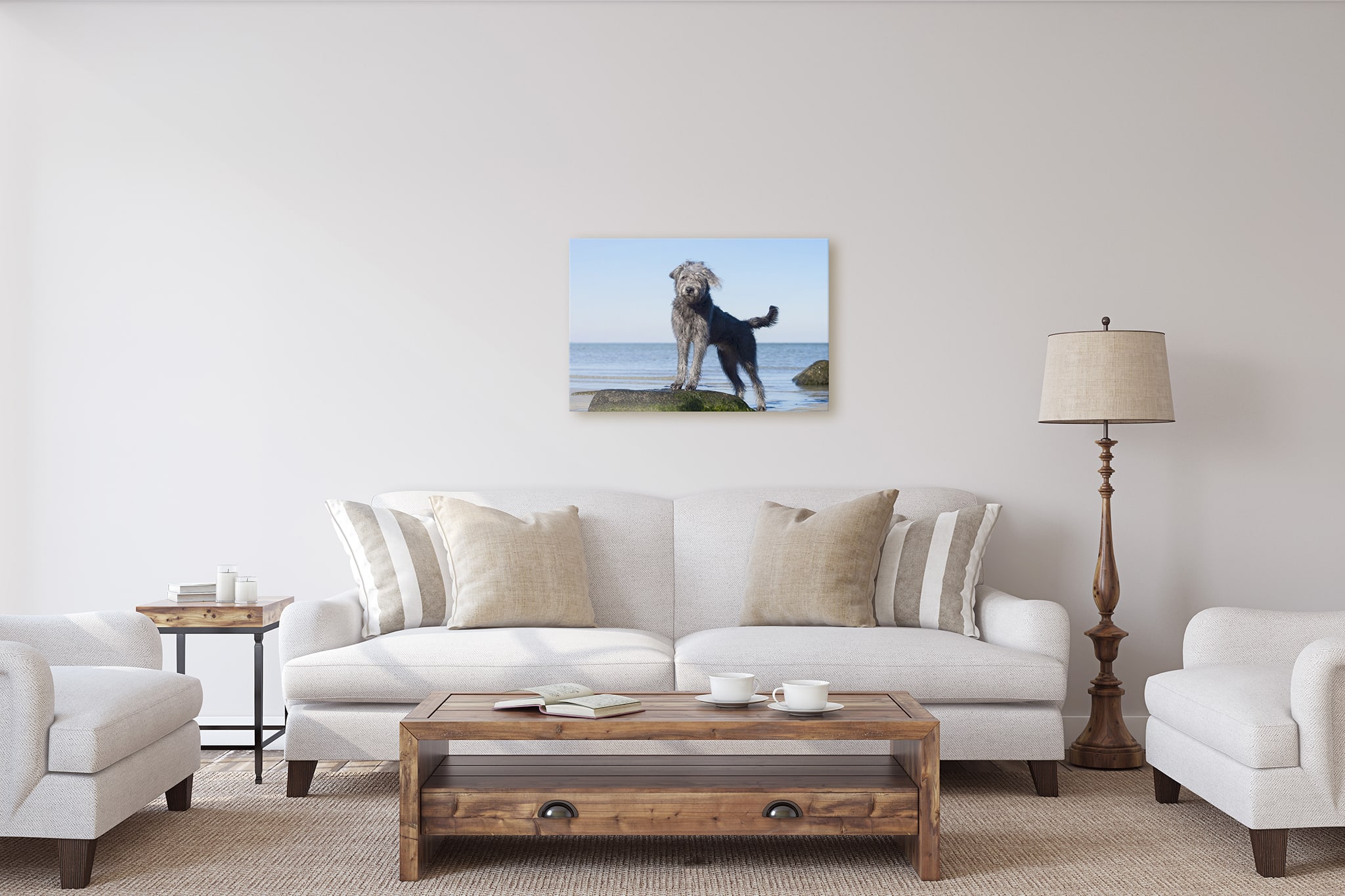 a large piece of metal wall art featuring a  dog on the beach.