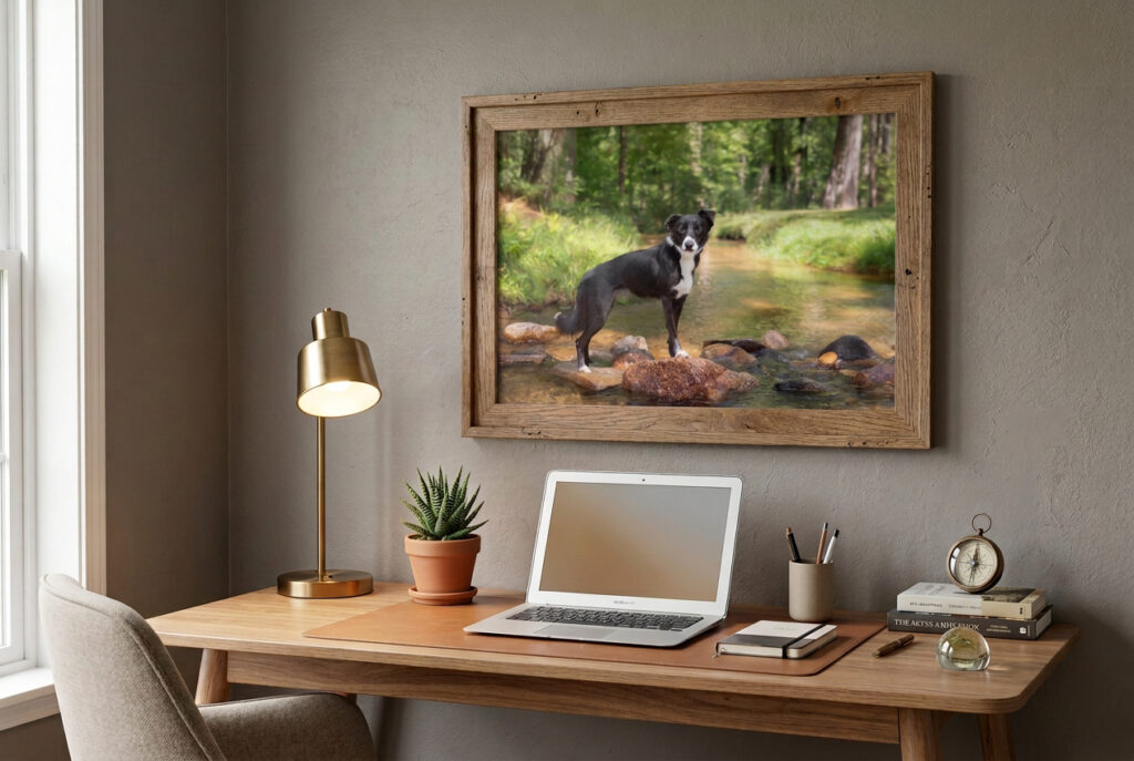 Dog portrait in a home office proving that artwork of your dog is never "too much" 